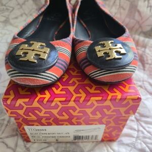 Tory Burch Women's Striped Canvas Flats - Navy and Red